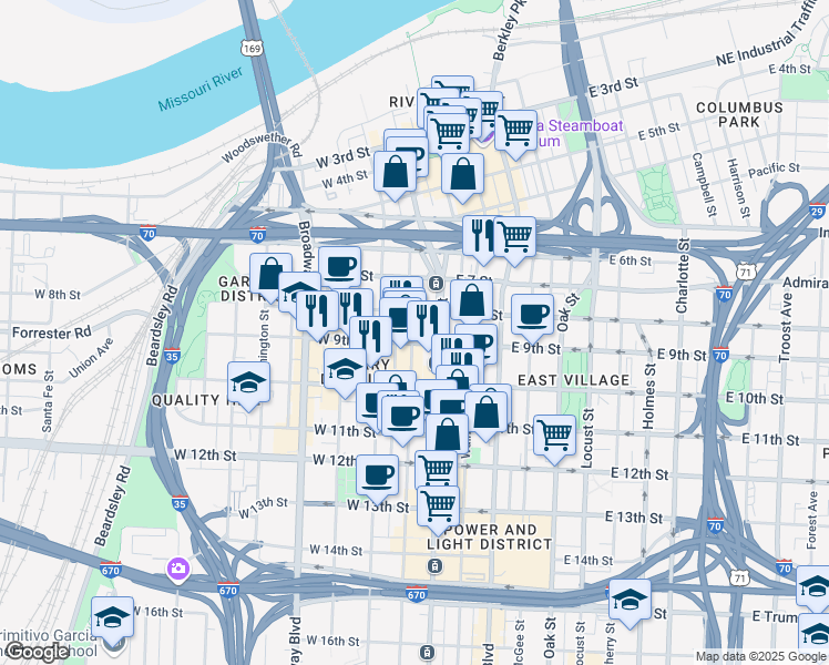 map of restaurants, bars, coffee shops, grocery stores, and more near 920 Main Street in Kansas City