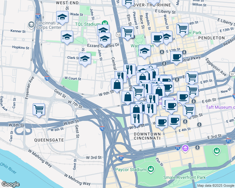 map of restaurants, bars, coffee shops, grocery stores, and more near 805 Central Avenue in Cincinnati