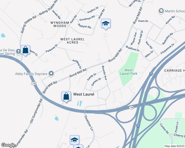 map of restaurants, bars, coffee shops, grocery stores, and more near 6406 Sandy Street in Laurel