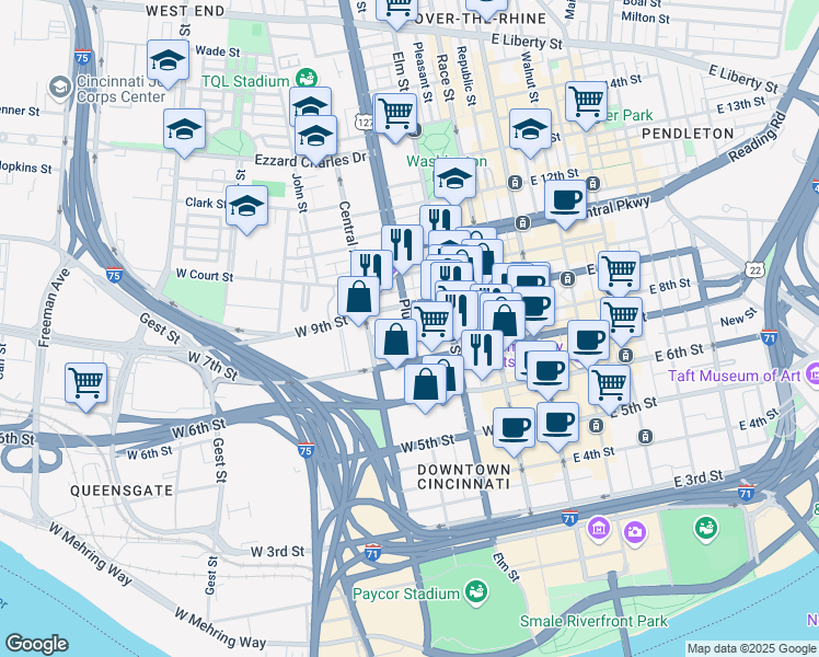 map of restaurants, bars, coffee shops, grocery stores, and more near Plum Street & West 8th Street in Cincinnati