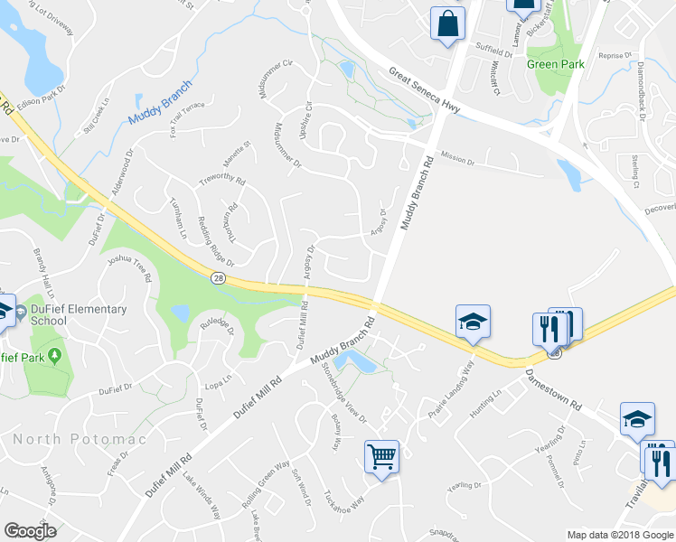 map of restaurants, bars, coffee shops, grocery stores, and more near 119 Englefield Drive in Gaithersburg