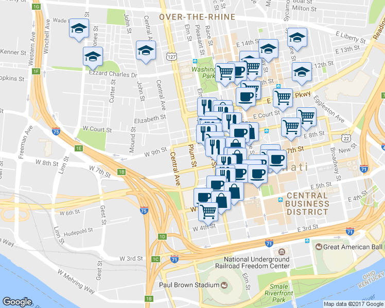 map of restaurants, bars, coffee shops, grocery stores, and more near Plum Street & West 8th Street in Cincinnati