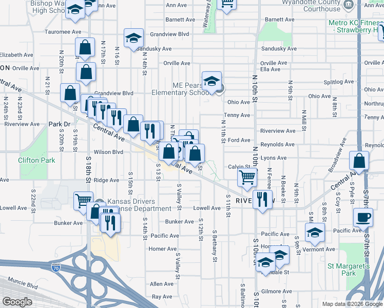 map of restaurants, bars, coffee shops, grocery stores, and more near 15 North Valley Street in Kansas City