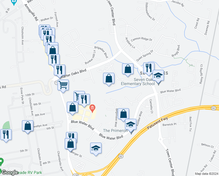 map of restaurants, bars, coffee shops, grocery stores, and more near 164 Leeds Creek Circle in Odenton