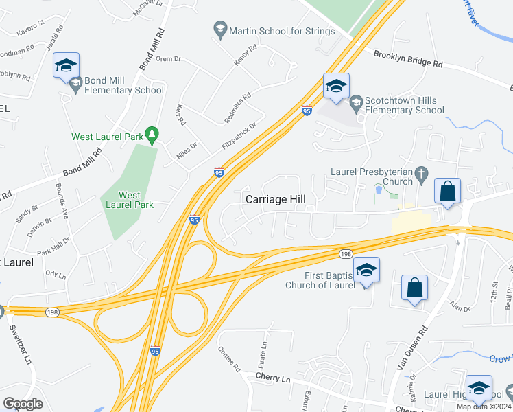 map of restaurants, bars, coffee shops, grocery stores, and more near 15610 Carriage Hill Lane in Laurel
