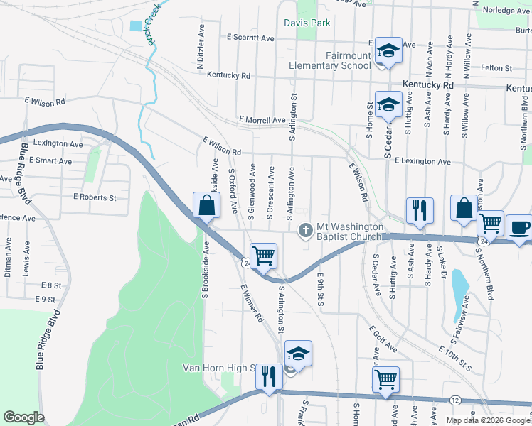 map of restaurants, bars, coffee shops, grocery stores, and more near 9408 East Independence Avenue in Independence