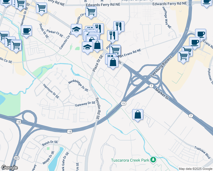 map of restaurants, bars, coffee shops, grocery stores, and more near 120 Prosperity Avenue Southeast in Leesburg