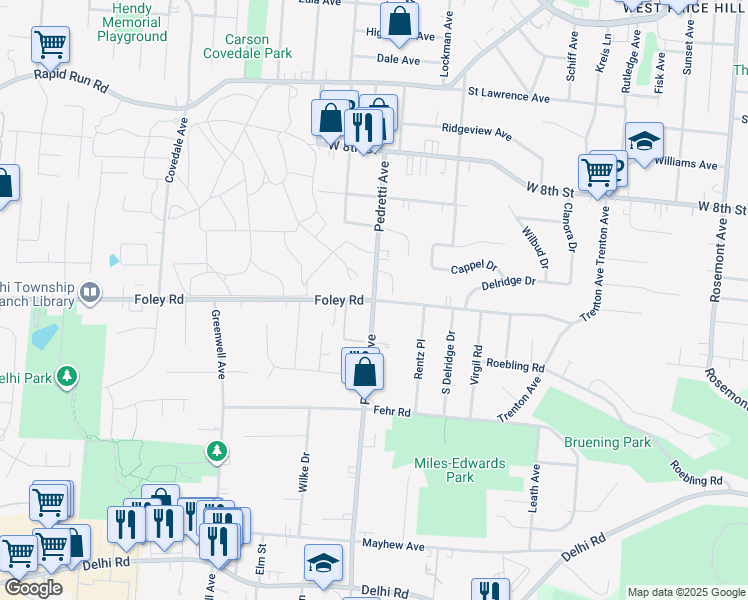 map of restaurants, bars, coffee shops, grocery stores, and more near Foley Rd & Pedretti Ave in Cincinnati