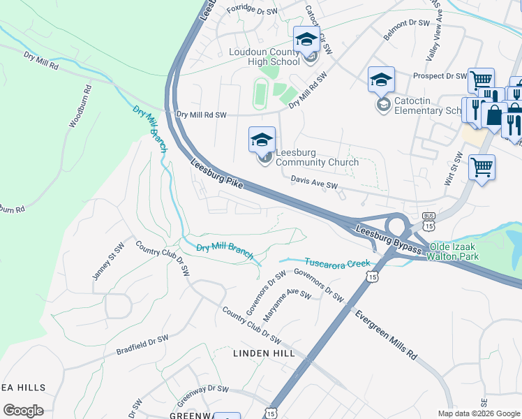 map of restaurants, bars, coffee shops, grocery stores, and more near 125 Clubhouse Drive Southwest in Leesburg