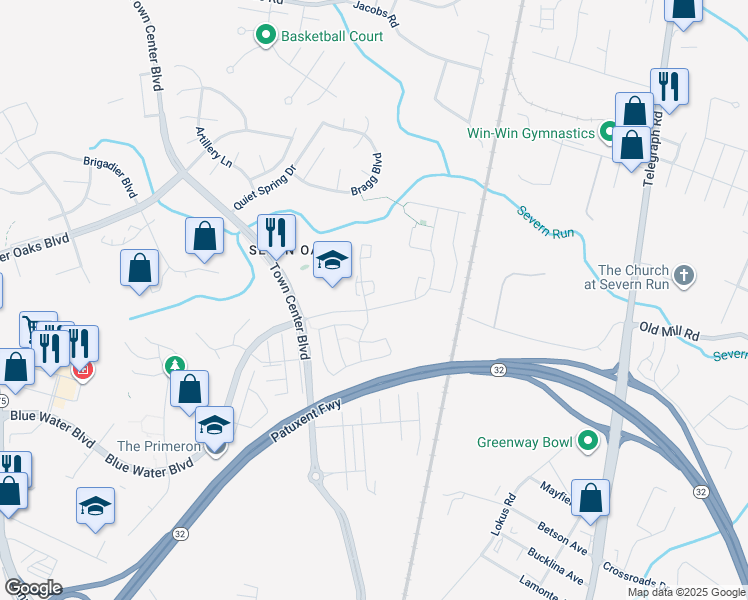 map of restaurants, bars, coffee shops, grocery stores, and more near 1705 Glebe Creek Way in Odenton