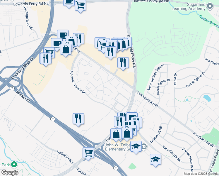 map of restaurants, bars, coffee shops, grocery stores, and more near 524 Kalmia Square Northeast in Leesburg