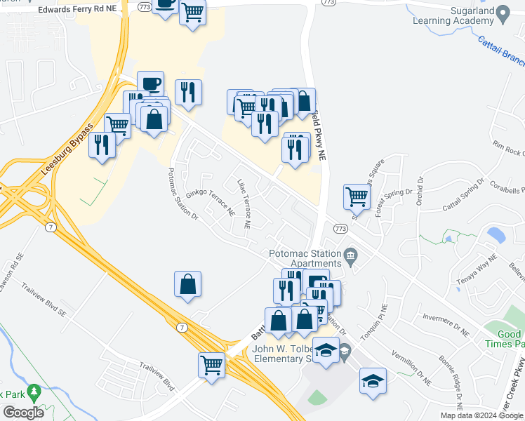 map of restaurants, bars, coffee shops, grocery stores, and more near 524 Kalmia Square Northeast in Leesburg