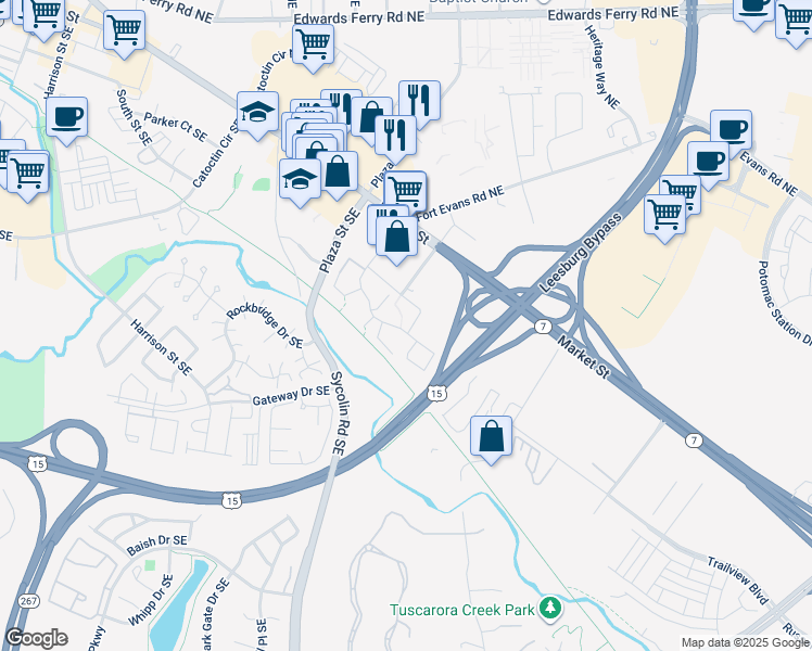 map of restaurants, bars, coffee shops, grocery stores, and more near 105 Prosperity Avenue Southeast in Leesburg