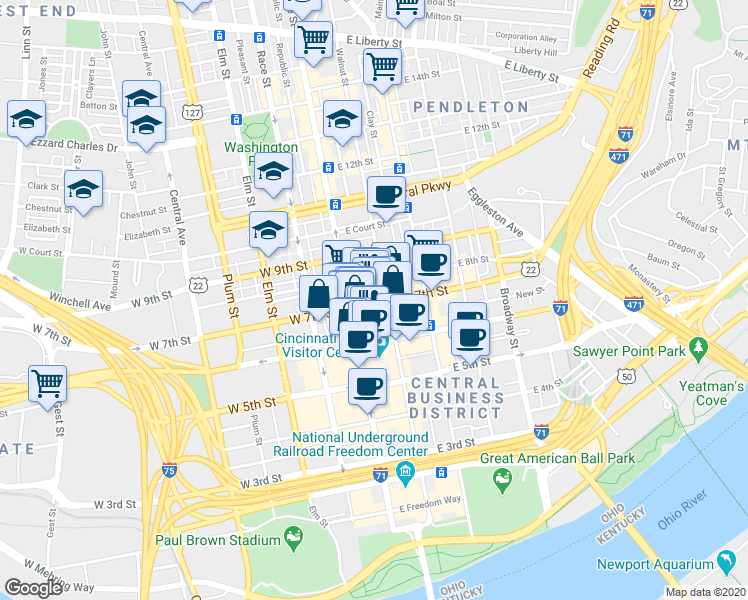 map of restaurants, bars, coffee shops, grocery stores, and more near 19 West 7th Street in Cincinnati