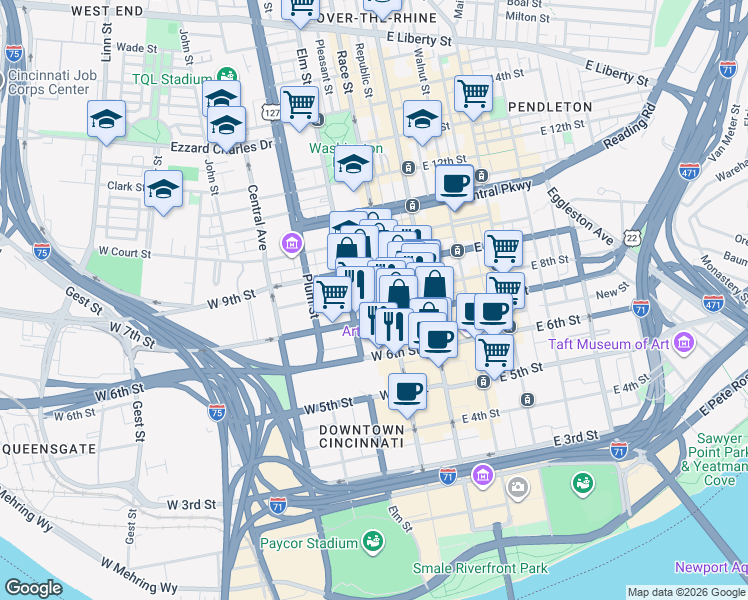 map of restaurants, bars, coffee shops, grocery stores, and more near 700 Elm Street in Cincinnati