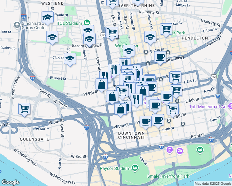 map of restaurants, bars, coffee shops, grocery stores, and more near 319 West 8th Street in Cincinnati