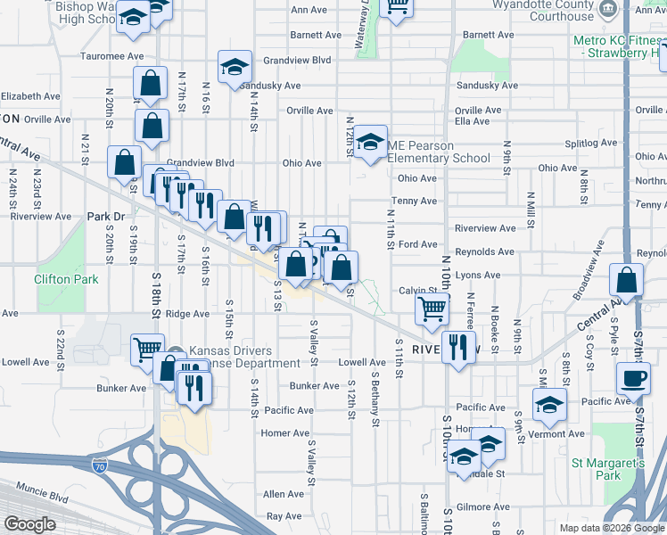 map of restaurants, bars, coffee shops, grocery stores, and more near 15 North Valley Street in Kansas City
