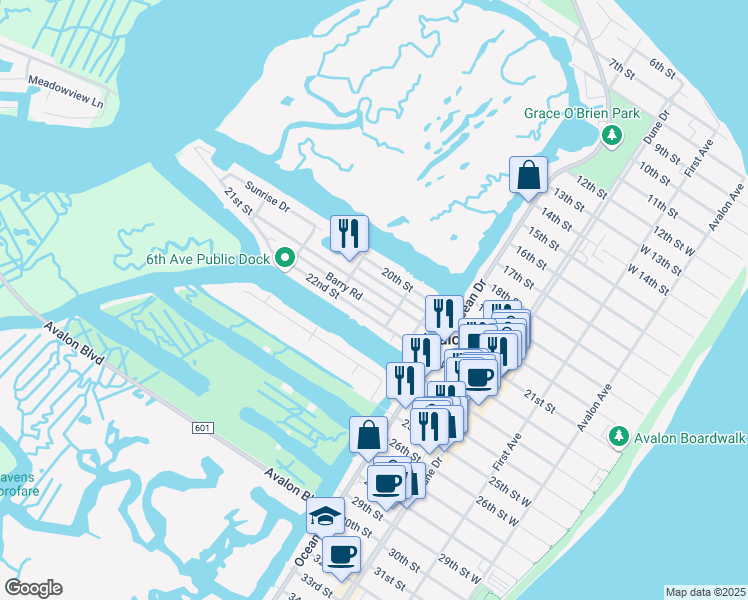 map of restaurants, bars, coffee shops, grocery stores, and more near 440 21st Street in Avalon