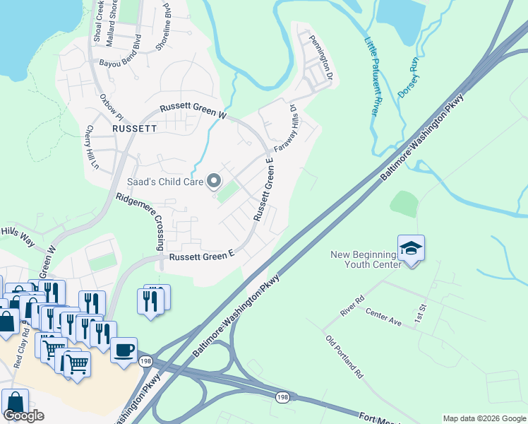 map of restaurants, bars, coffee shops, grocery stores, and more near 3418 Carriage Walk Court in Laurel