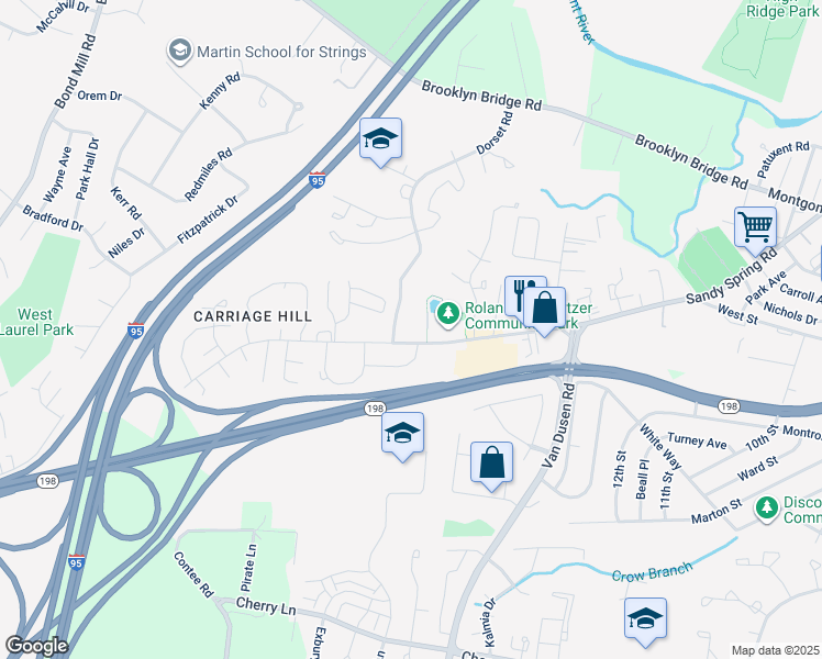 map of restaurants, bars, coffee shops, grocery stores, and more near 15601 Dorset Road in Laurel