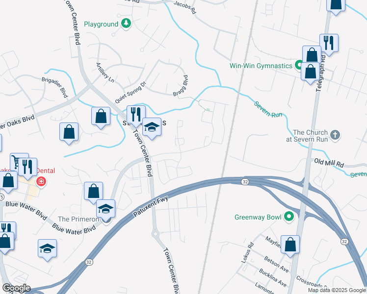 map of restaurants, bars, coffee shops, grocery stores, and more near 1705 Glebe Creek Way in Odenton