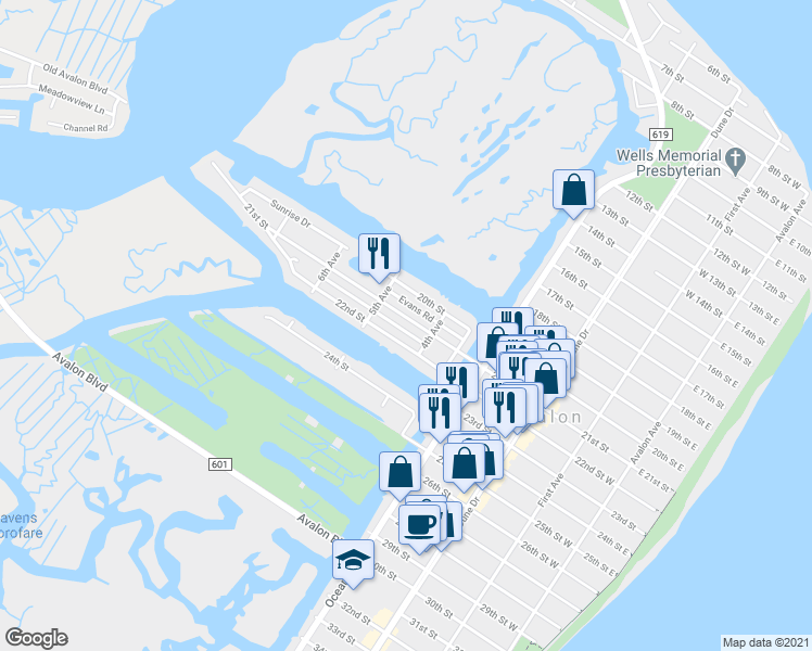 map of restaurants, bars, coffee shops, grocery stores, and more near 440 21st Street in Avalon