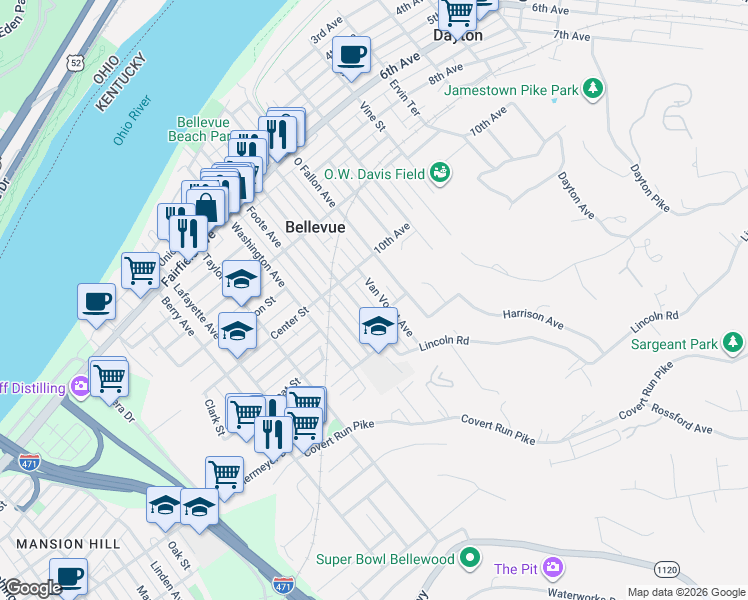 map of restaurants, bars, coffee shops, grocery stores, and more near 440 Ward Avenue in Bellevue