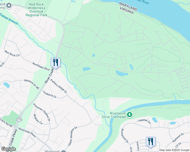 map of restaurants, bars, coffee shops, grocery stores, and more near 43321 Crystal Lake Street in Leesburg