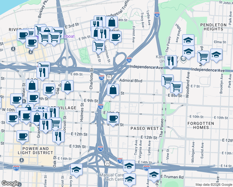map of restaurants, bars, coffee shops, grocery stores, and more near in Kansas City