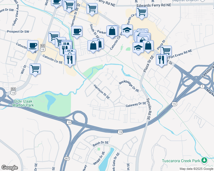 map of restaurants, bars, coffee shops, grocery stores, and more near 217 Nottoway Street Southeast in Leesburg