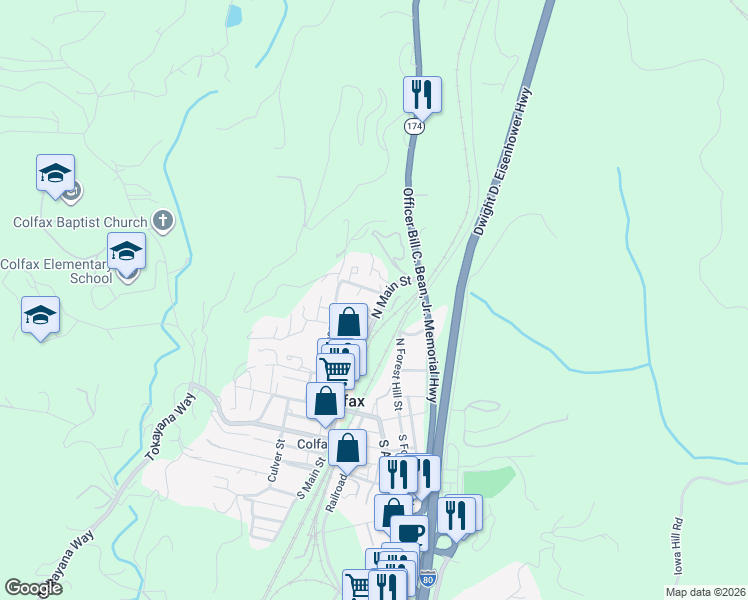 map of restaurants, bars, coffee shops, grocery stores, and more near 334 North Main Street in Colfax