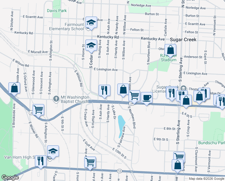 map of restaurants, bars, coffee shops, grocery stores, and more near 552 South Hardy Avenue in Independence