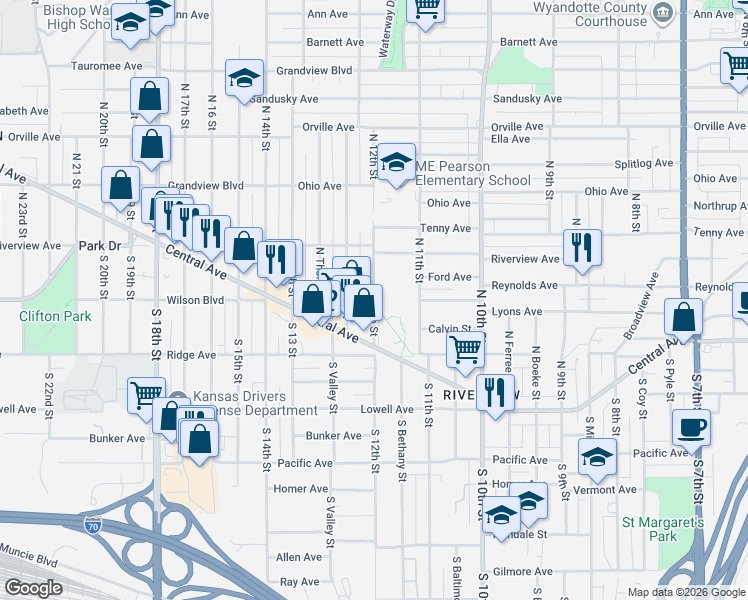 map of restaurants, bars, coffee shops, grocery stores, and more near N 12th St & Reynolds Ave in Kansas City