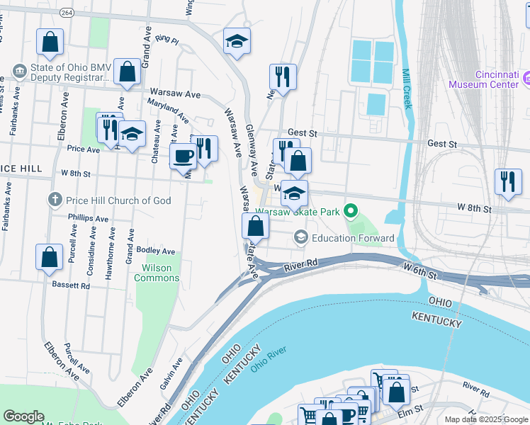 map of restaurants, bars, coffee shops, grocery stores, and more near 704 State Avenue in Cincinnati