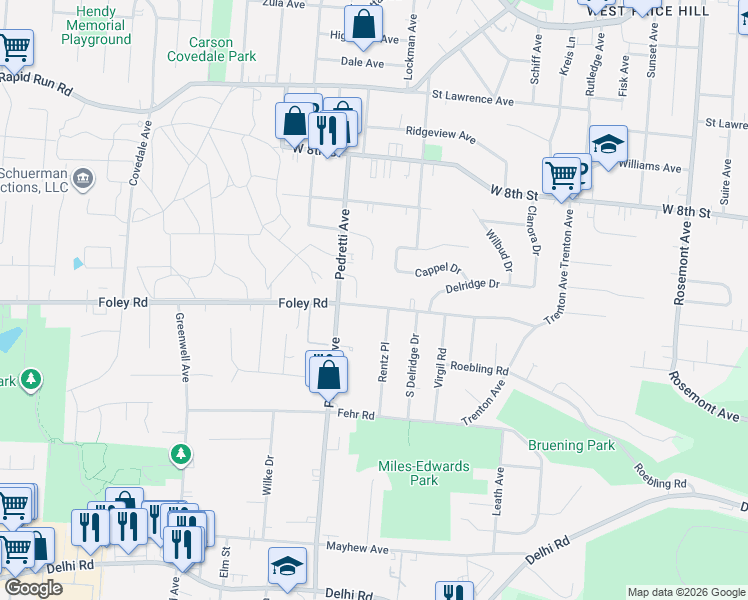 map of restaurants, bars, coffee shops, grocery stores, and more near 4447 Foley Road in Cincinnati