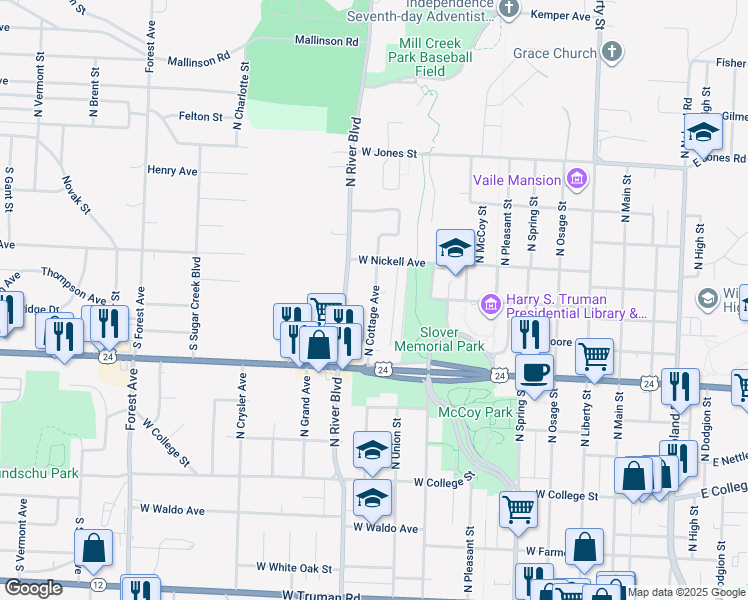 map of restaurants, bars, coffee shops, grocery stores, and more near 1115 North River Boulevard in Independence