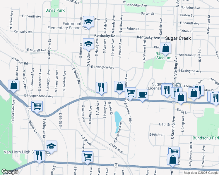 map of restaurants, bars, coffee shops, grocery stores, and more near 552 South Hardy Avenue in Independence