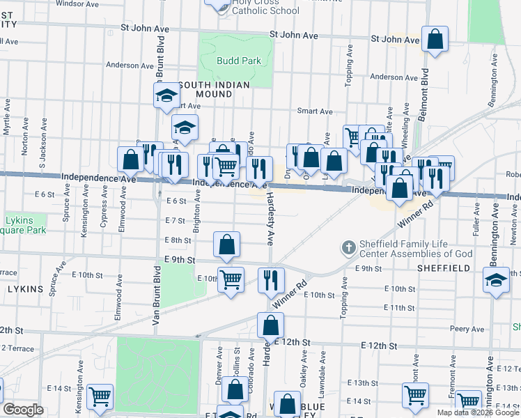 map of restaurants, bars, coffee shops, grocery stores, and more near 5234 East 7 Street in Kansas City