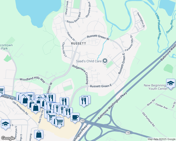 map of restaurants, bars, coffee shops, grocery stores, and more near 3553 Floating Leaf Lane in Laurel