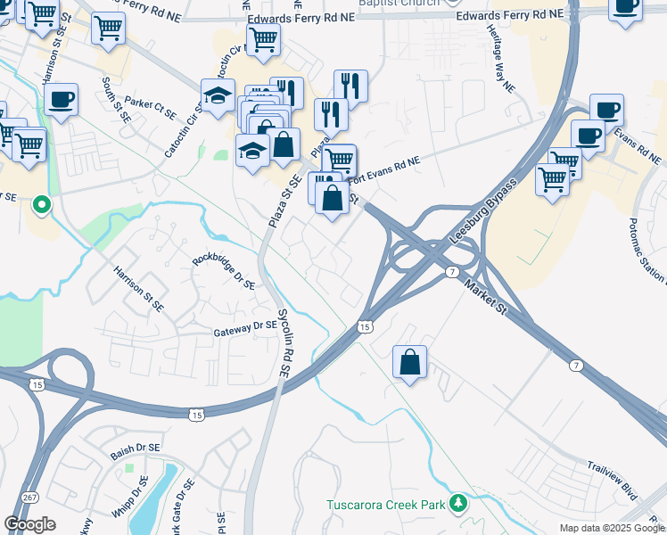 map of restaurants, bars, coffee shops, grocery stores, and more near 107 Prosperity Avenue Southeast in Leesburg