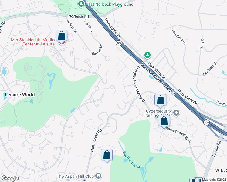 map of restaurants, bars, coffee shops, grocery stores, and more near 2901 South Leisure World Boulevard in Silver Spring
