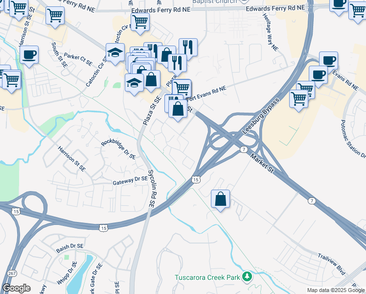 map of restaurants, bars, coffee shops, grocery stores, and more near 105 Prosperity Avenue Southeast in Leesburg