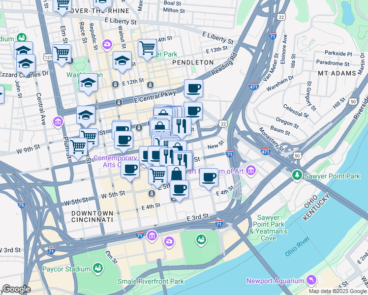 map of restaurants, bars, coffee shops, grocery stores, and more near 634 Sycamore Street in Cincinnati