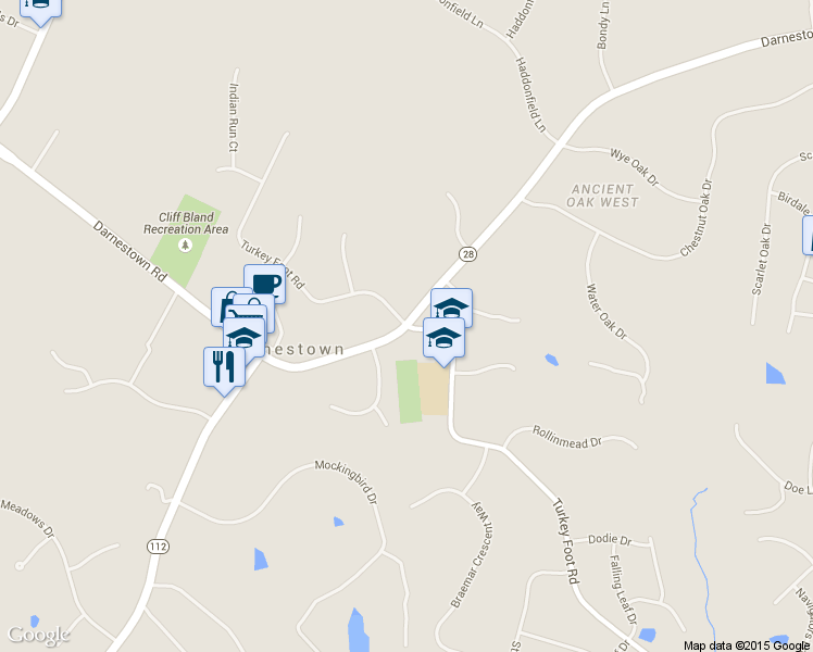 map of restaurants, bars, coffee shops, grocery stores, and more near 15198 Turkey Foot Road in Darnestown