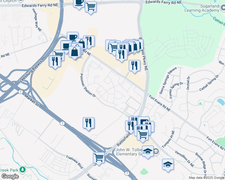 map of restaurants, bars, coffee shops, grocery stores, and more near 503 Lilac Terrace Northeast in Leesburg