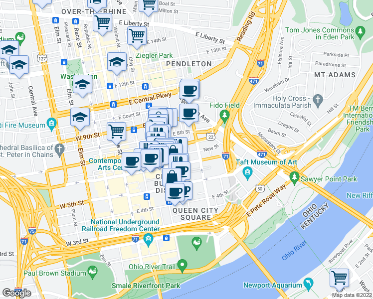 map of restaurants, bars, coffee shops, grocery stores, and more near 634 Sycamore Street in Cincinnati