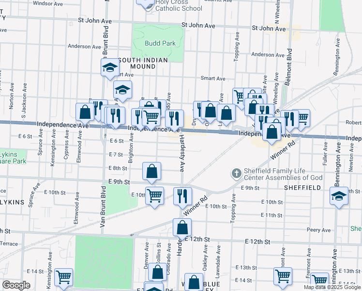 map of restaurants, bars, coffee shops, grocery stores, and more near 5234 East 7 Street in Kansas City