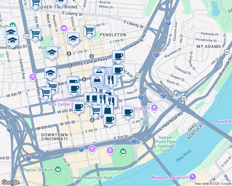 map of restaurants, bars, coffee shops, grocery stores, and more near 634 Sycamore Street in Cincinnati