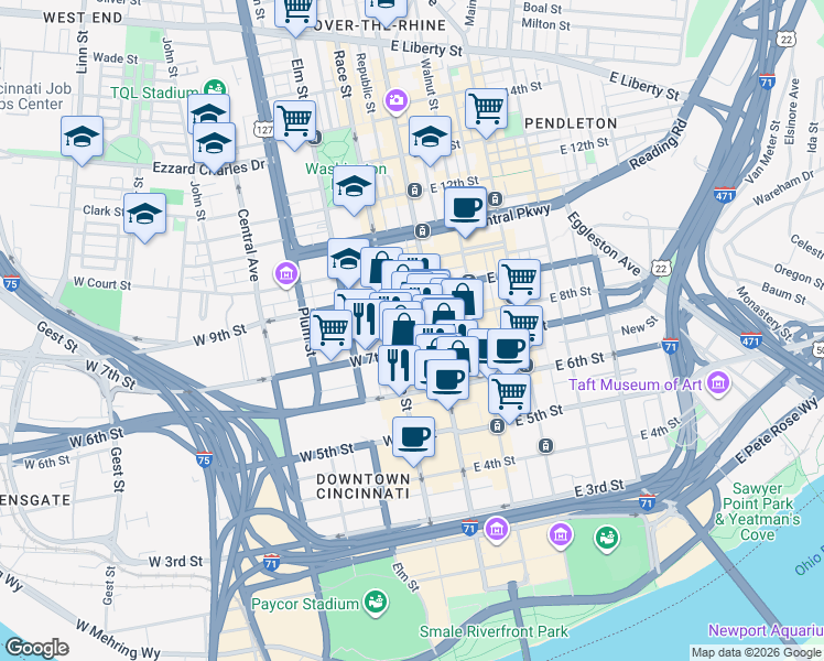 map of restaurants, bars, coffee shops, grocery stores, and more near 19 Garfield Place in Cincinnati