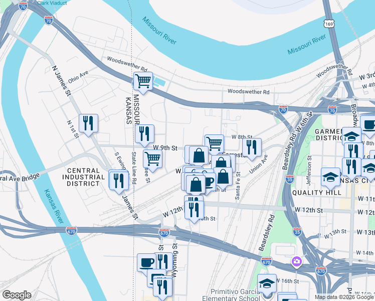 map of restaurants, bars, coffee shops, grocery stores, and more near 1410 St Louis Ave in Kansas City